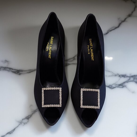 NWT Saint Laurent 115mm crystal-embellished satin peep-toe pumps Size: 37 - Picture 5 of 9